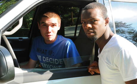 Ebony young dude Intrigue and superstud Landon Matthews fuck ass after interracial blowjob outside