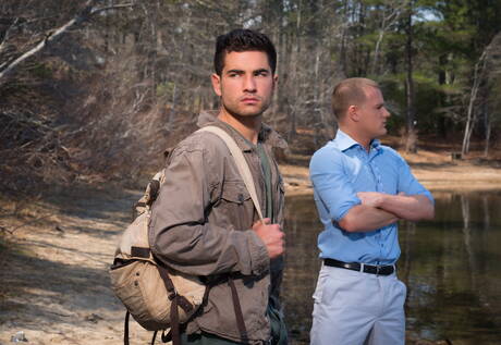 American tough guy Brandon Wilde and russian well-built Vadim Black posing naked outside