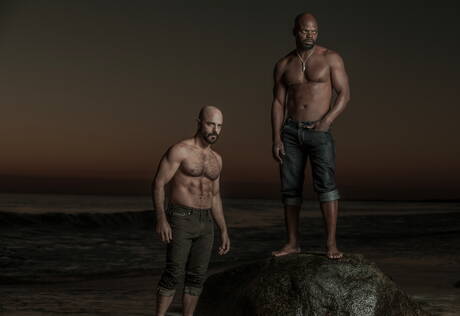 American hairy stud Adam Russo and husky guy Cutler X shows a muscle body on beach