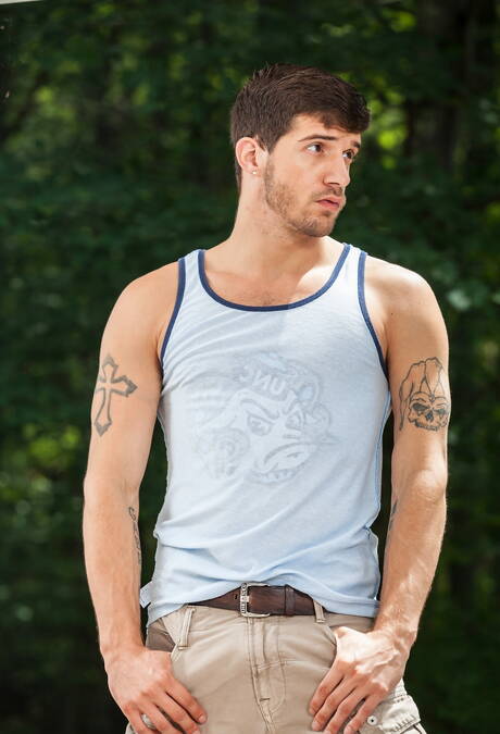 Two american dudes hairy stud Ty Roderick and strongman Nick Capra shows a well-build body outdoor