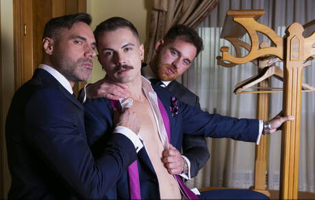 Nasty buddies Austin Sugar, Jonas Jackson and Manuel Skye in hot threesome ass fuck action in bath