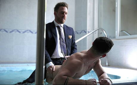 Dutch well-built Logan Moore and spanish hunky guy Sunny Colucci fuck after blowjob at pool