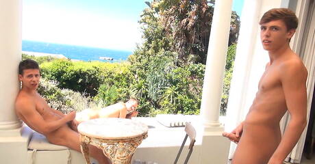 Sexy buddies Peter Annaud, Justin Saradon and Jordan Faris drilling an ass outside