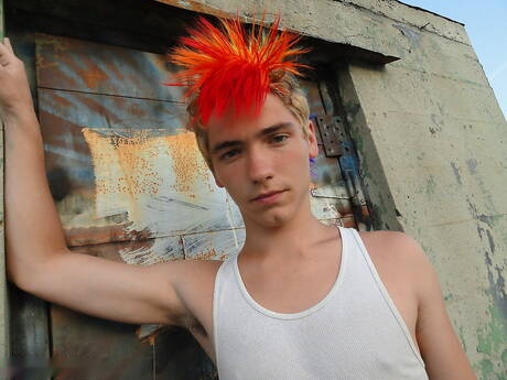 Hot american guys young boy Alec Grey and young dude Josh Bensan in blowjob scene outside